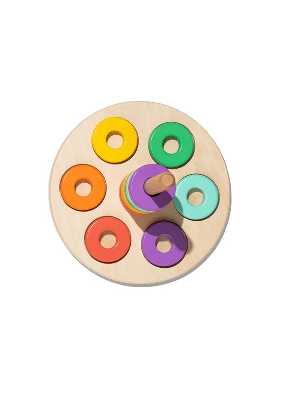 Lovevery flexible wooden stacker with rainbow rings